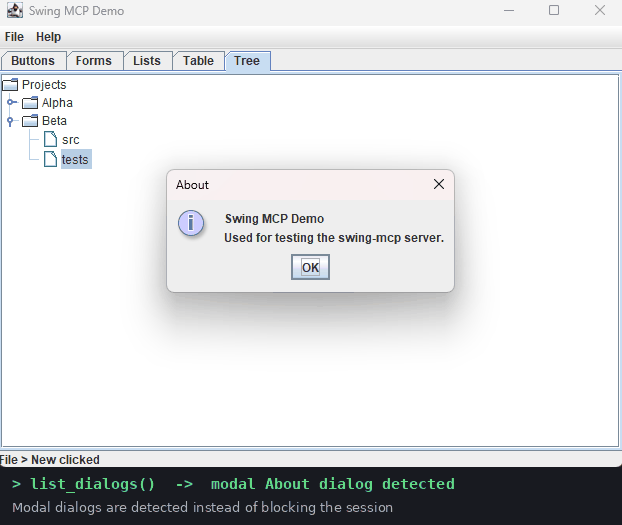 Modal About dialog detected by Swing MCP