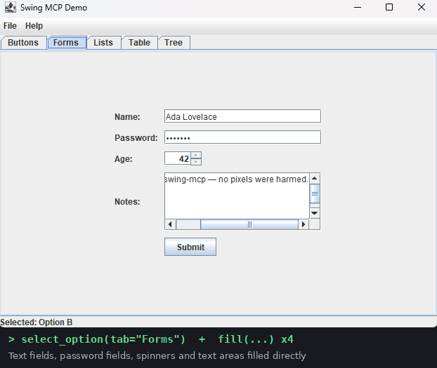 Forms tab of the demo app filled by Swing MCP