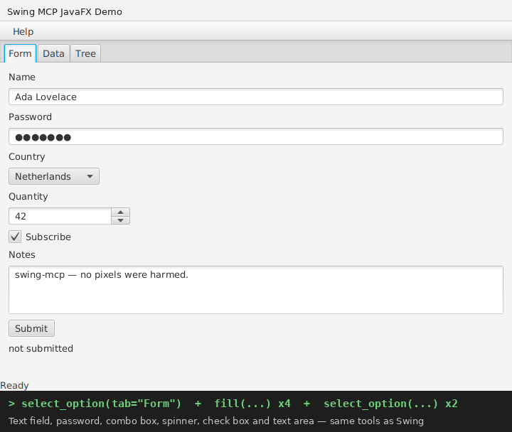 JavaFX form filled by Swing MCP: text field, password, combo box, spinner, check box, text area